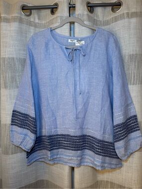 dylan Light Blue Linen Tie-Front Peasant Blouse with Navy Trim